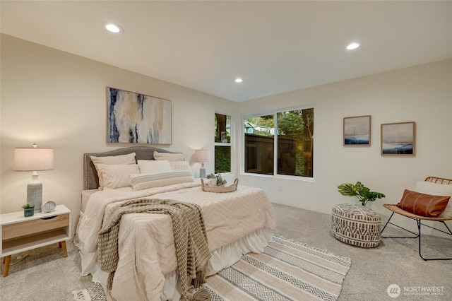 carpeted bedroom featuring recessed lighting