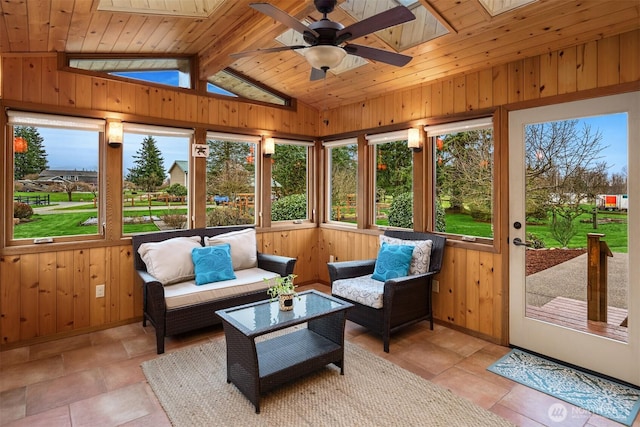 sunroom / solarium featuring wooden ceiling, ceiling fan, and vaulted ceiling with beams