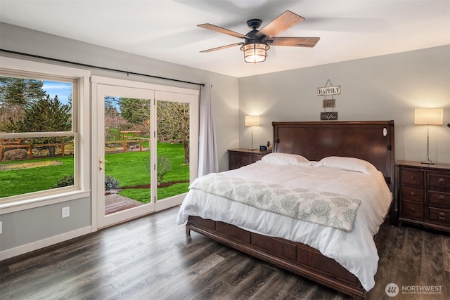 bedroom with a ceiling fan, access to outside, wood finished floors, and baseboards