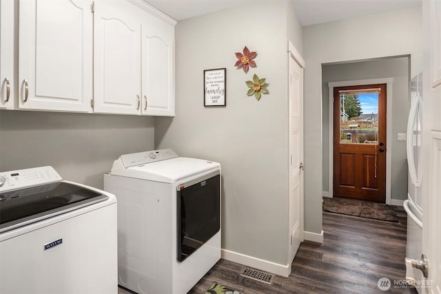 laundry area featuring cabinet space, washer and dryer, and dark wood-style flooring