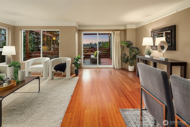 living area featuring light wood finished floors and ornamental molding