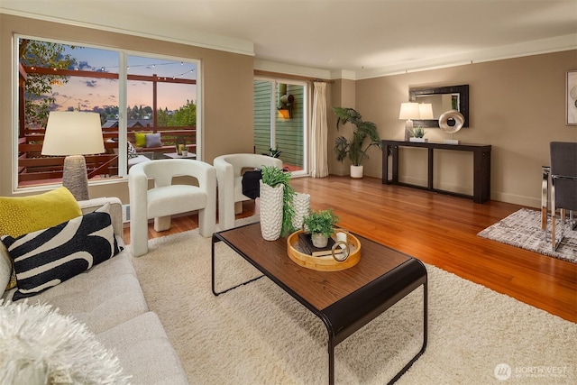 living area with wood finished floors, baseboards, and ornamental molding