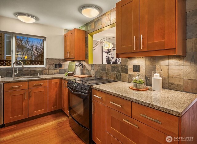 kitchen with decorative backsplash, light stone counters, black range with electric stovetop, and a sink