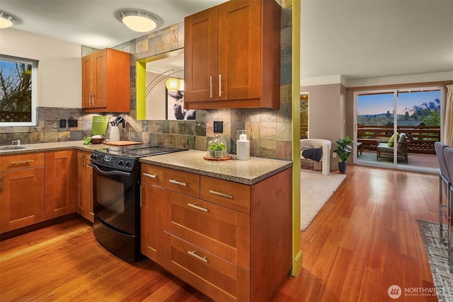 kitchen featuring black / electric stove, backsplash, wood finished floors, and light stone countertops