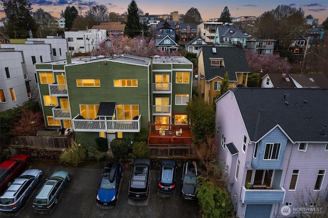 aerial view at dusk with a residential view