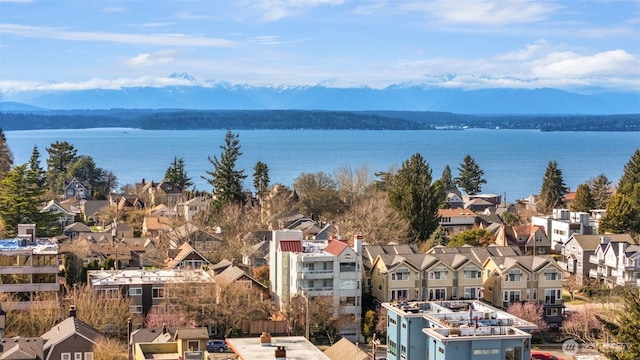 drone / aerial view with a residential view and a water view