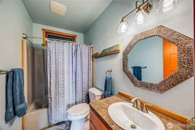 full bathroom with vanity, toilet, and shower / bath combo with shower curtain