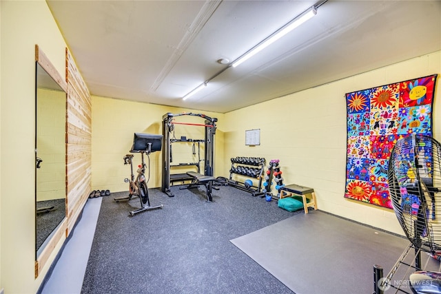 exercise room featuring concrete block wall