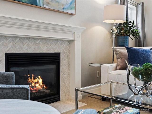 interior space featuring a tile fireplace