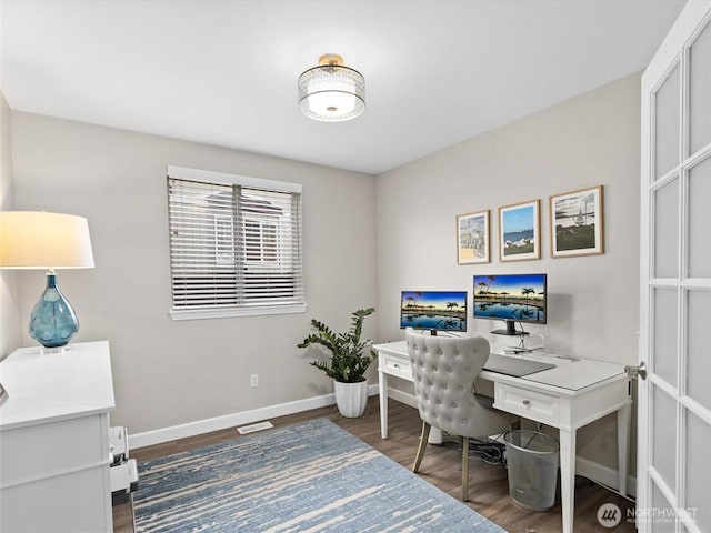 office with dark wood-style floors, visible vents, and baseboards