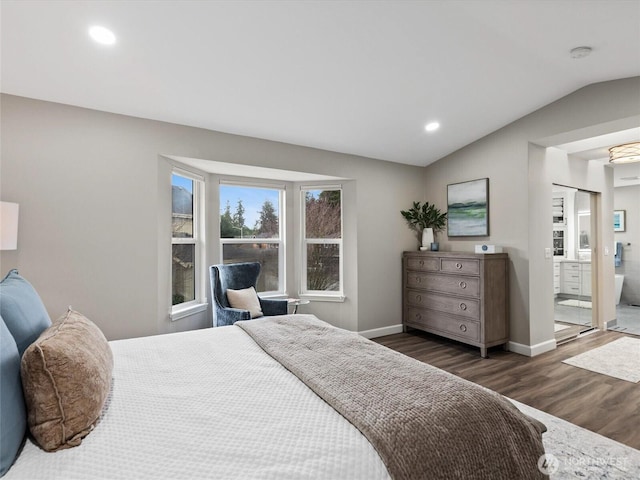 bedroom with recessed lighting, wood finished floors, baseboards, and vaulted ceiling