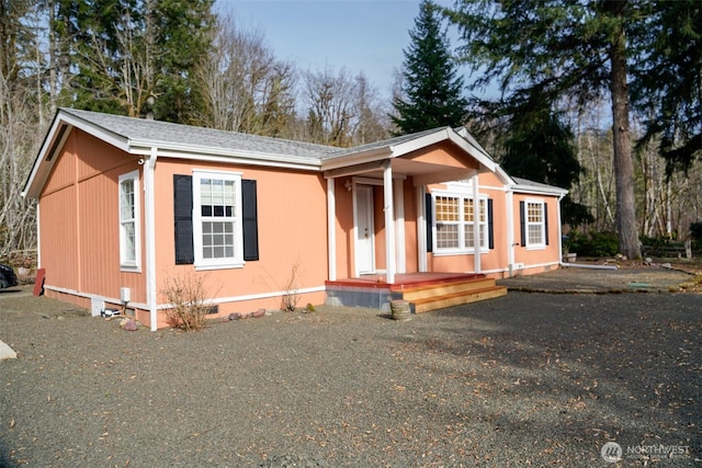 manufactured / mobile home featuring crawl space, a porch, and roof with shingles