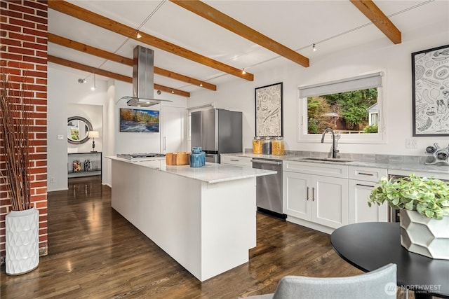 kitchen with light stone counters, a kitchen island, island exhaust hood, a sink, and appliances with stainless steel finishes