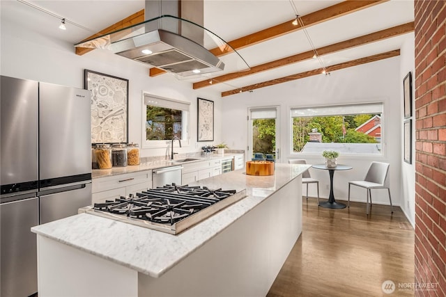 kitchen featuring appliances with stainless steel finishes, island range hood, dark wood-style floors, white cabinets, and a sink