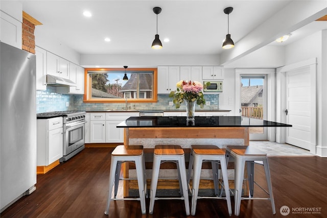 kitchen with tasteful backsplash, under cabinet range hood, a breakfast bar, stainless steel appliances, and white cabinetry