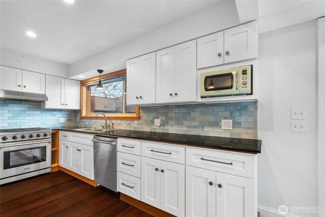 kitchen featuring a sink, dark countertops, under cabinet range hood, and stainless steel appliances