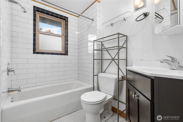 bathroom featuring shower / tub combination, tile patterned floors, toilet, and vanity