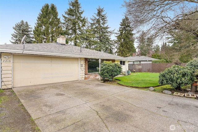 ranch-style house with driveway, a front lawn, fence, a shingled roof, and a chimney