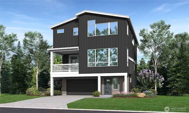 modern home with a balcony, an attached garage, a front lawn, concrete driveway, and board and batten siding