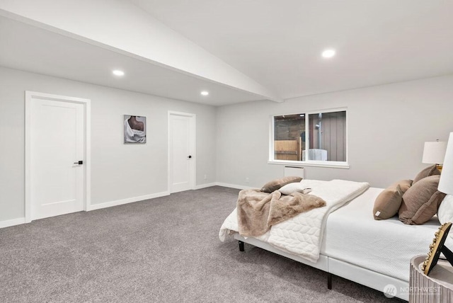 bedroom featuring recessed lighting, baseboards, carpet floors, and lofted ceiling