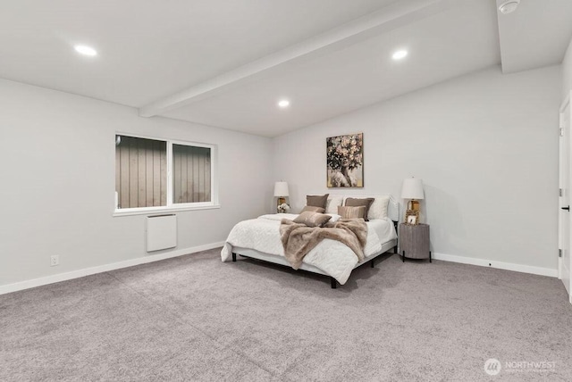 bedroom featuring recessed lighting, baseboards, carpet, and vaulted ceiling with beams