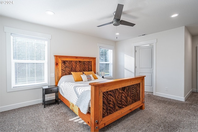 bedroom featuring visible vents, baseboards, recessed lighting, ceiling fan, and carpet flooring