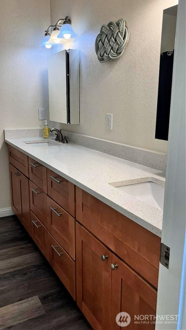 bathroom with double vanity, wood finished floors, and a sink