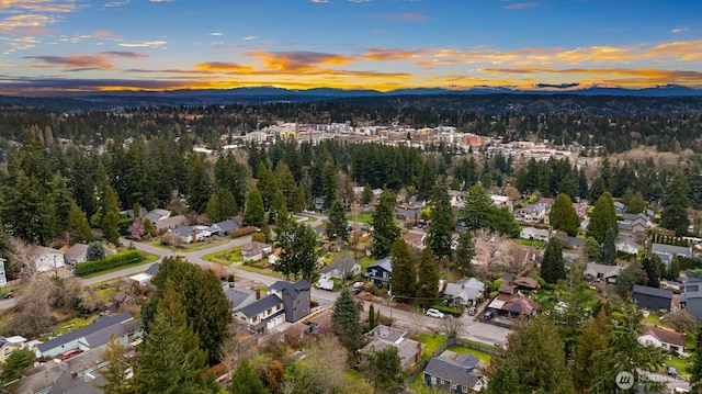 drone / aerial view featuring a mountain view and a residential view