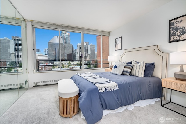 bedroom featuring carpet, a city view, and radiator heating unit