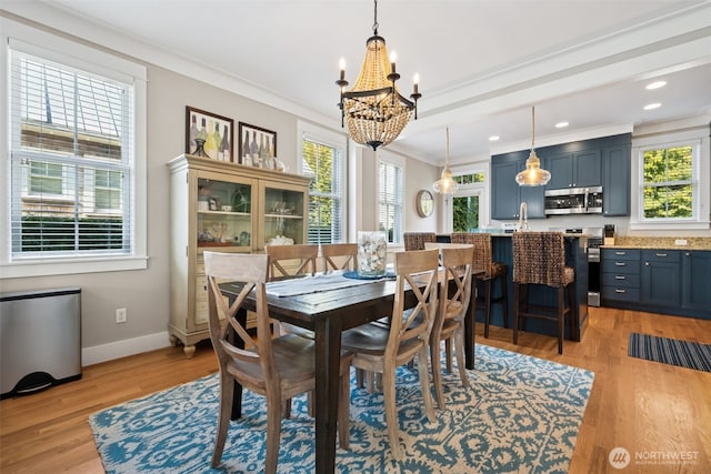 221 Meriweather St, Pacific Beach, WA 98571 - dining space with light wood finished floors, a healthy amount of sunlight, and ornamental molding