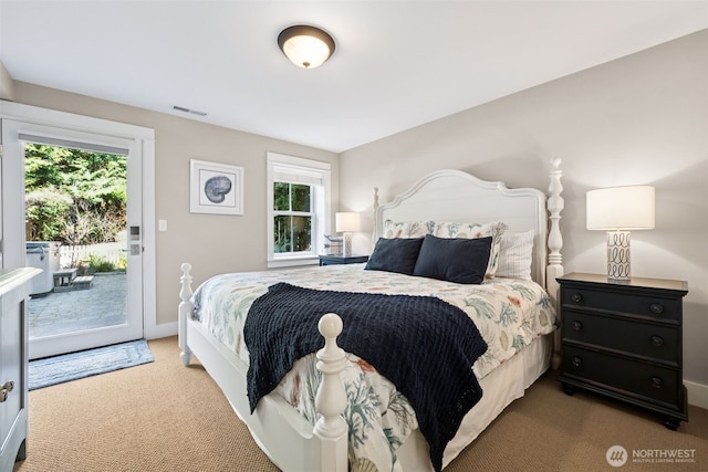 221 Meriweather St, Pacific Beach, WA 98571 - bedroom featuring visible vents, carpet floors, baseboards, and access to outside