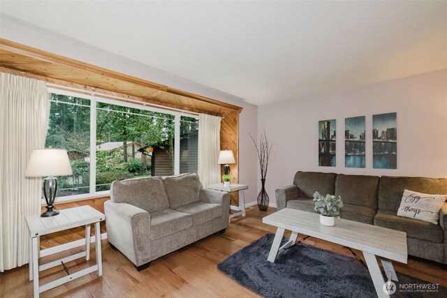 living room featuring light wood-type flooring and baseboards