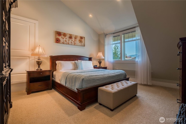 bedroom featuring light carpet, recessed lighting, baseboards, and vaulted ceiling