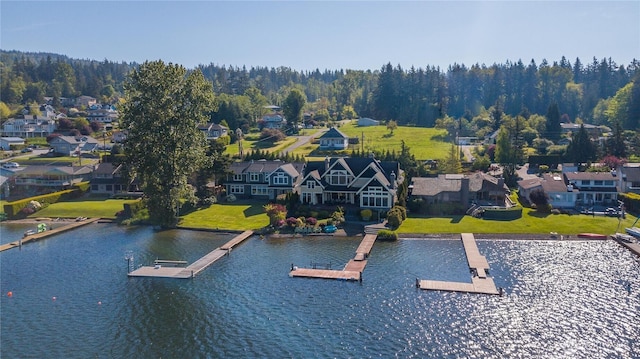 aerial view with a residential view and a water view