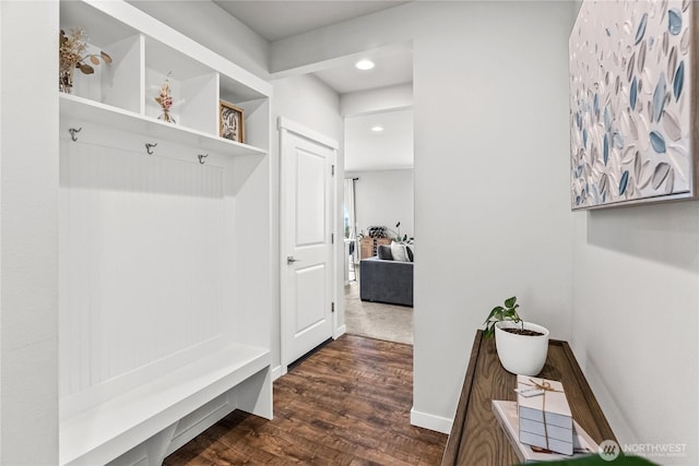 mudroom with baseboards and dark wood-type flooring