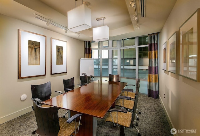 carpeted home office with track lighting, baseboards, and expansive windows