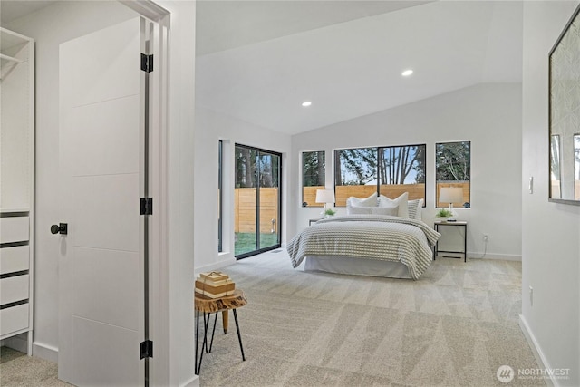 bedroom featuring recessed lighting, baseboards, carpet, and lofted ceiling