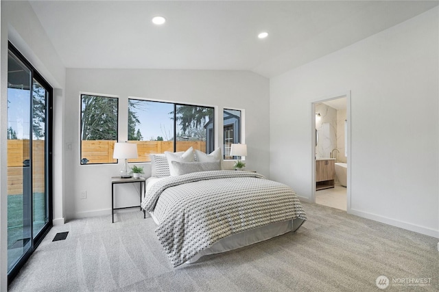 carpeted bedroom featuring visible vents, baseboards, recessed lighting, vaulted ceiling, and access to outside