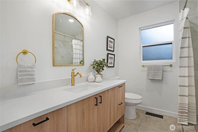 full bath with tile patterned floors, visible vents, toilet, baseboards, and vanity