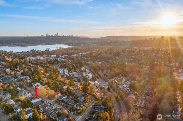 drone / aerial view featuring a water view