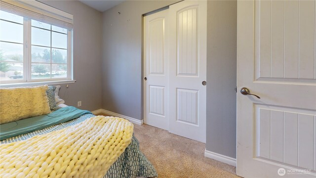 carpeted bedroom with a closet and baseboards