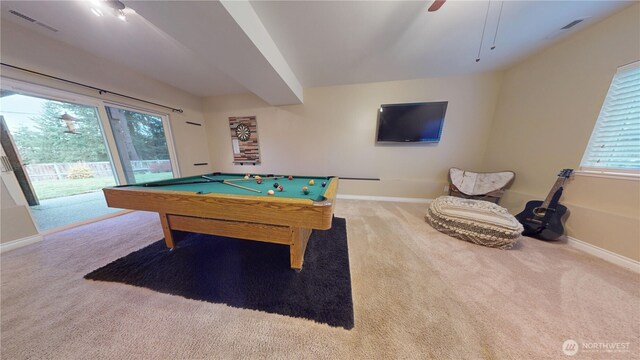 recreation room with visible vents, ceiling fan, baseboards, carpet, and billiards