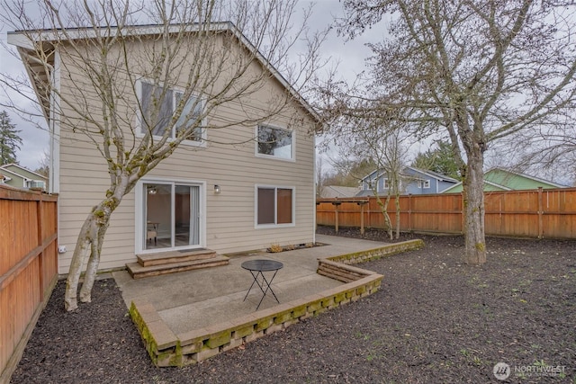 back of property featuring a patio, a fenced backyard, and entry steps