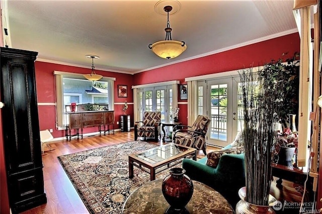 living room featuring crown molding, wood finished floors, and french doors