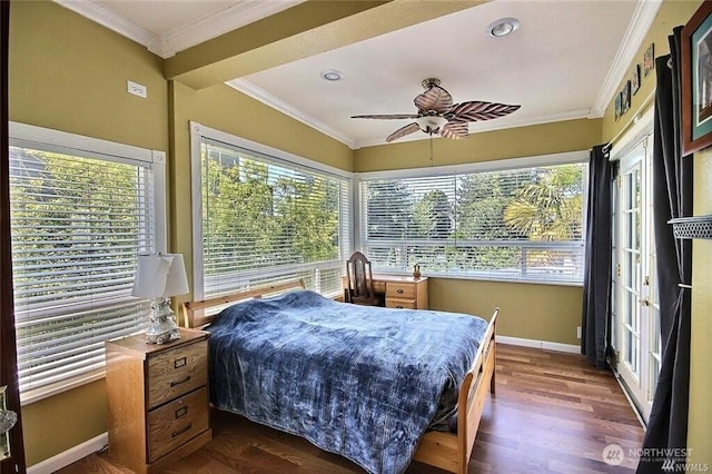 bedroom featuring crown molding, multiple windows, dark wood-style floors, and baseboards