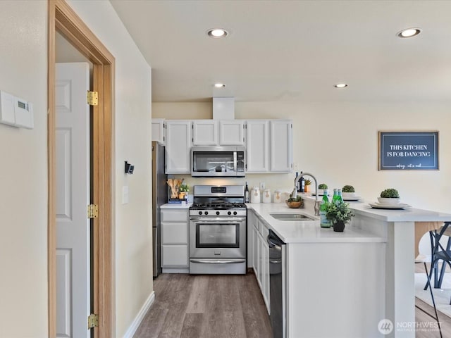 kitchen with a peninsula, stainless steel appliances, light countertops, and a sink