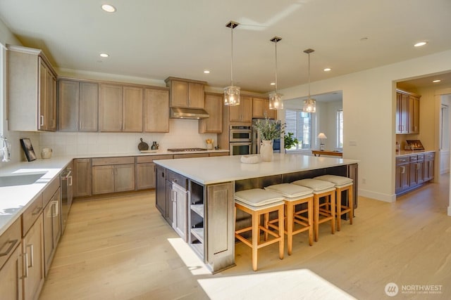 kitchen featuring under cabinet range hood, a center island, stainless steel appliances, and light wood-type flooring