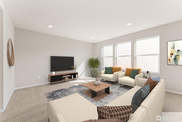 living area featuring recessed lighting, baseboards, and carpet flooring