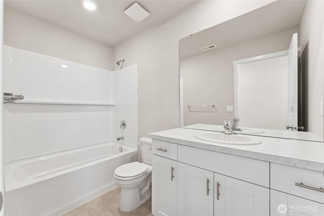 bathroom featuring tile patterned flooring, visible vents, toilet, shower / tub combination, and vanity