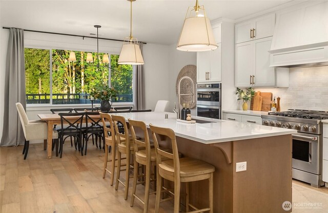 kitchen featuring light wood-type flooring, a kitchen island with sink, custom range hood, tasteful backsplash, and appliances with stainless steel finishes